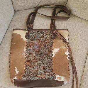 Brown and Cream Leather Tote Bag